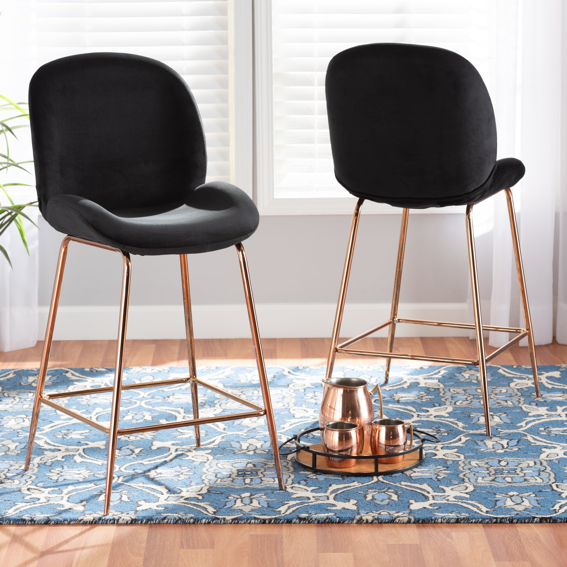 Baxton Studio Lander Modern Luxe and Glam Black Velvet Fabric Upholstered and Rose Gold Finished Metal 2-Piece Counter Stool Set | Counter Stools | Modishstore