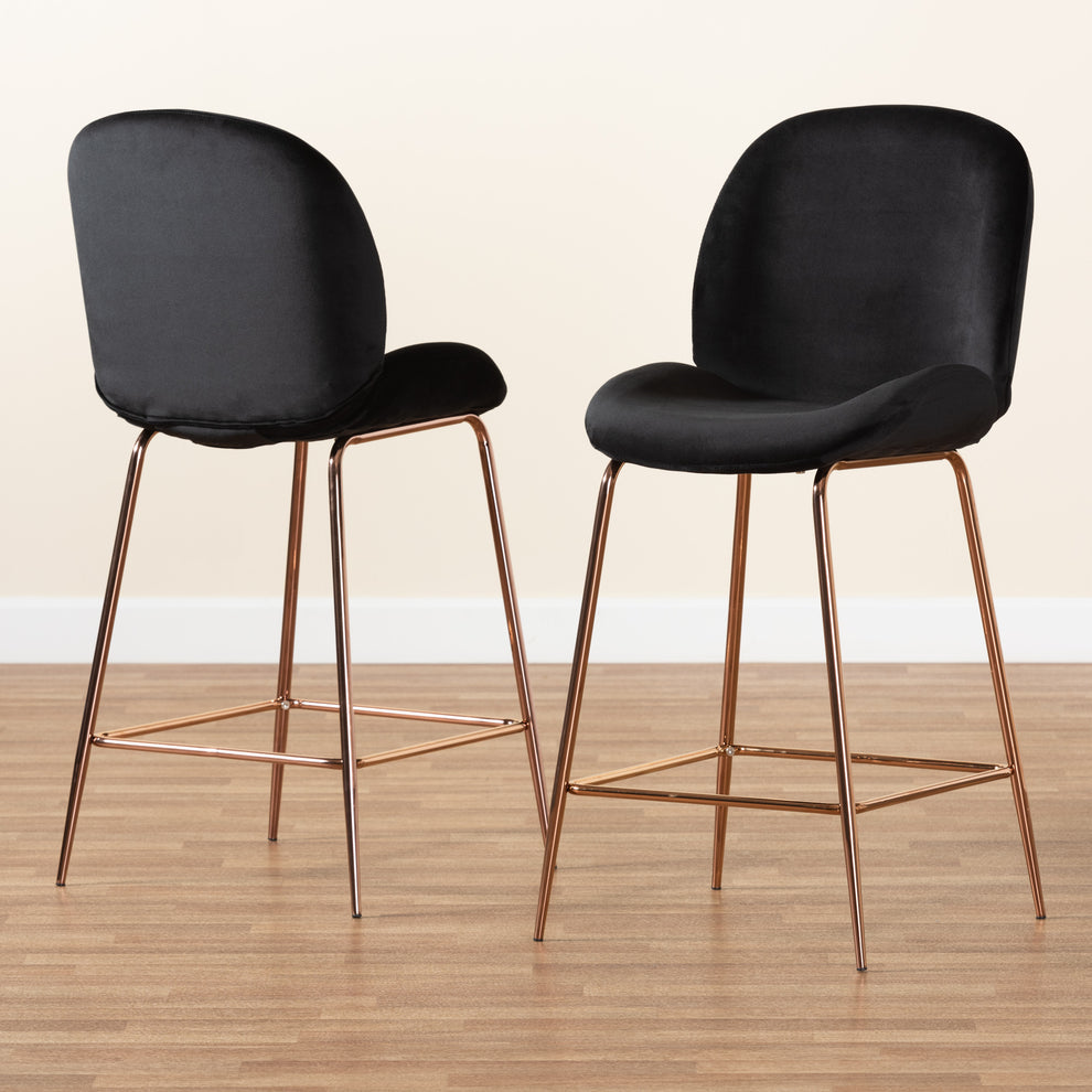 Baxton Studio Lander Modern Luxe and Glam Black Velvet Fabric Upholstered and Rose Gold Finished Metal 2-Piece Counter Stool Set | Counter Stools | Modishstore - 2