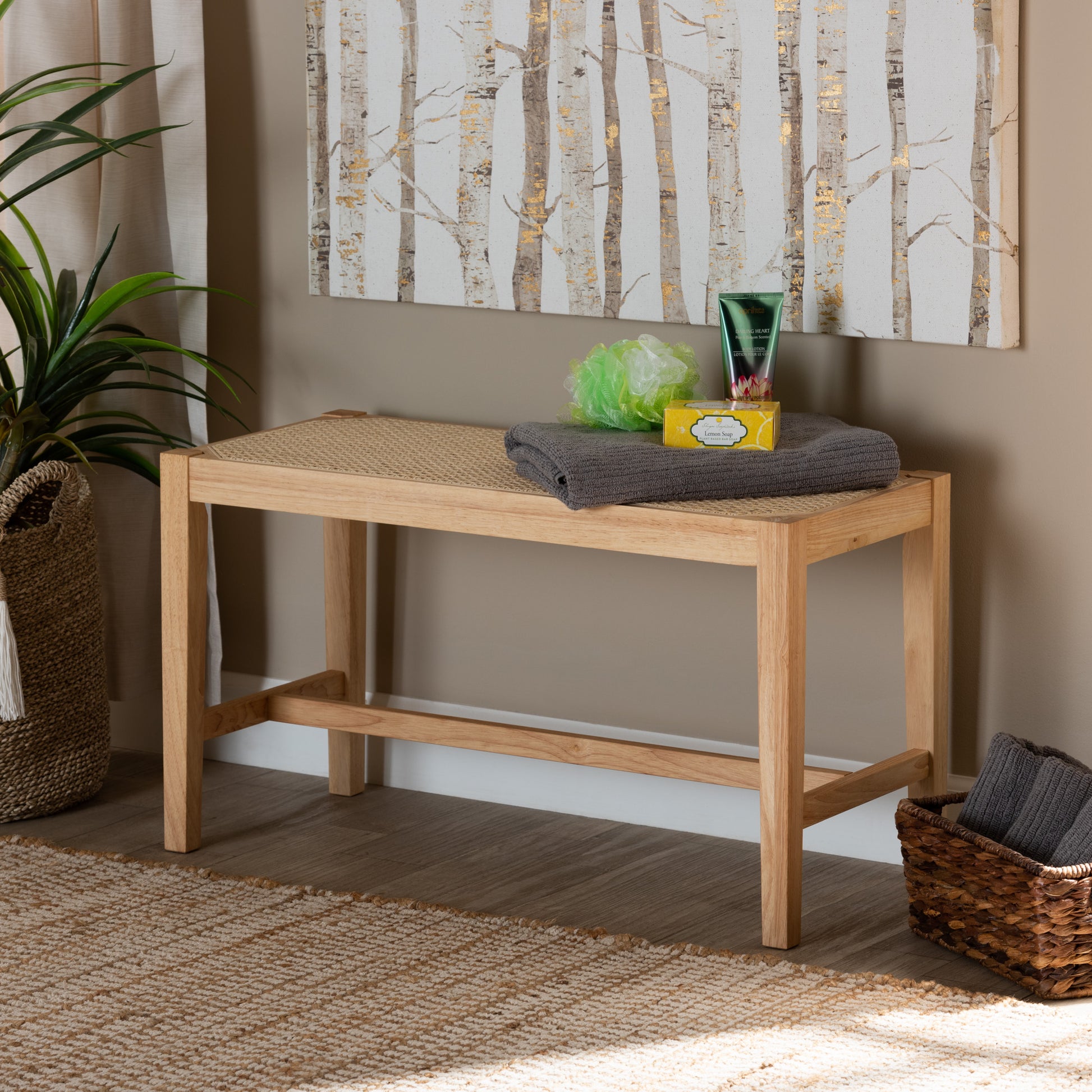 Baxton Studio Danyl Mid-Century Modern Oak Brown Finished Wood and Rattan Accent Bench | Benches | Modishstore