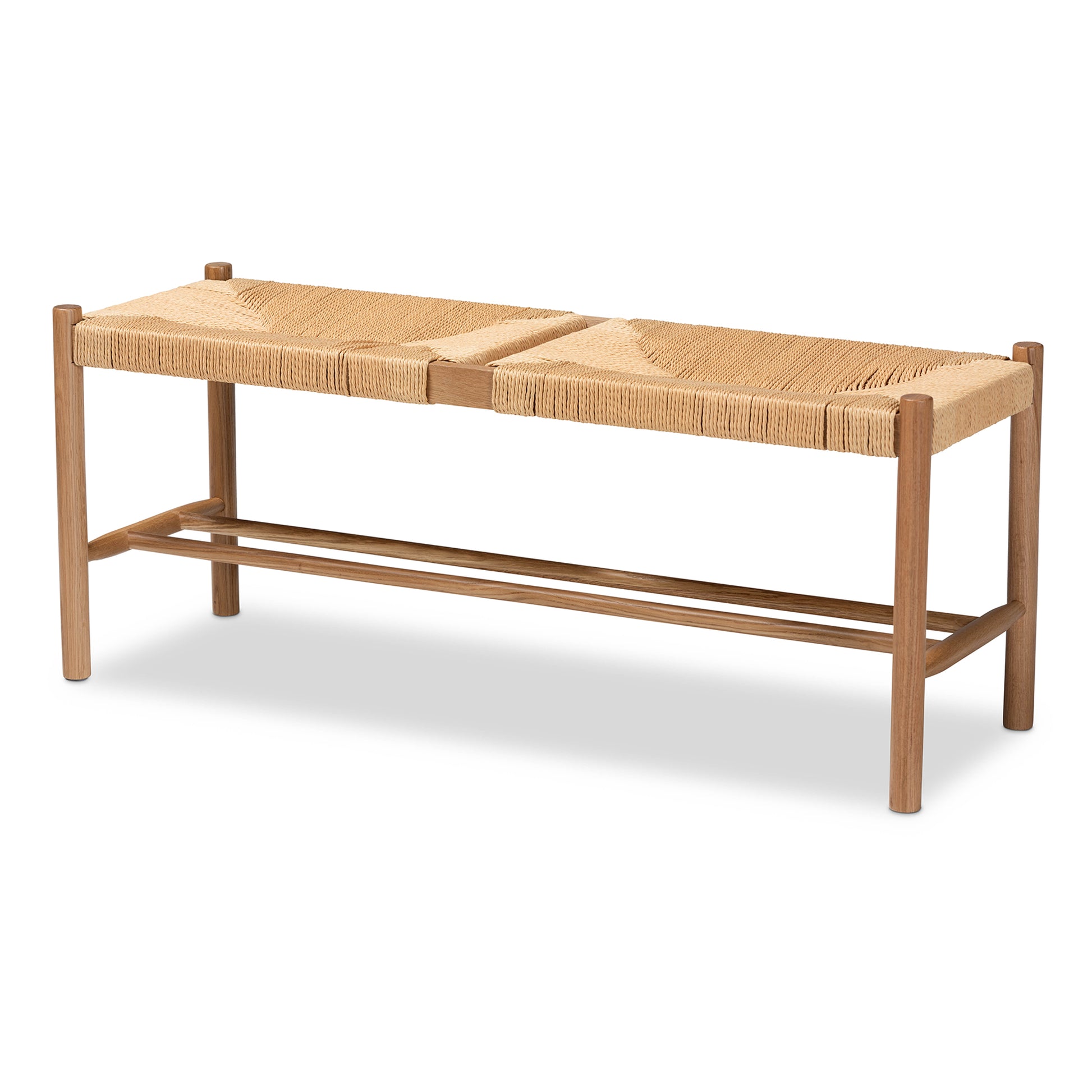 Baxton Studio Saura Mid-Century Modern Oak Brown Finished Wood and Hemp Dining Bench | Benches | Modishstore - 3