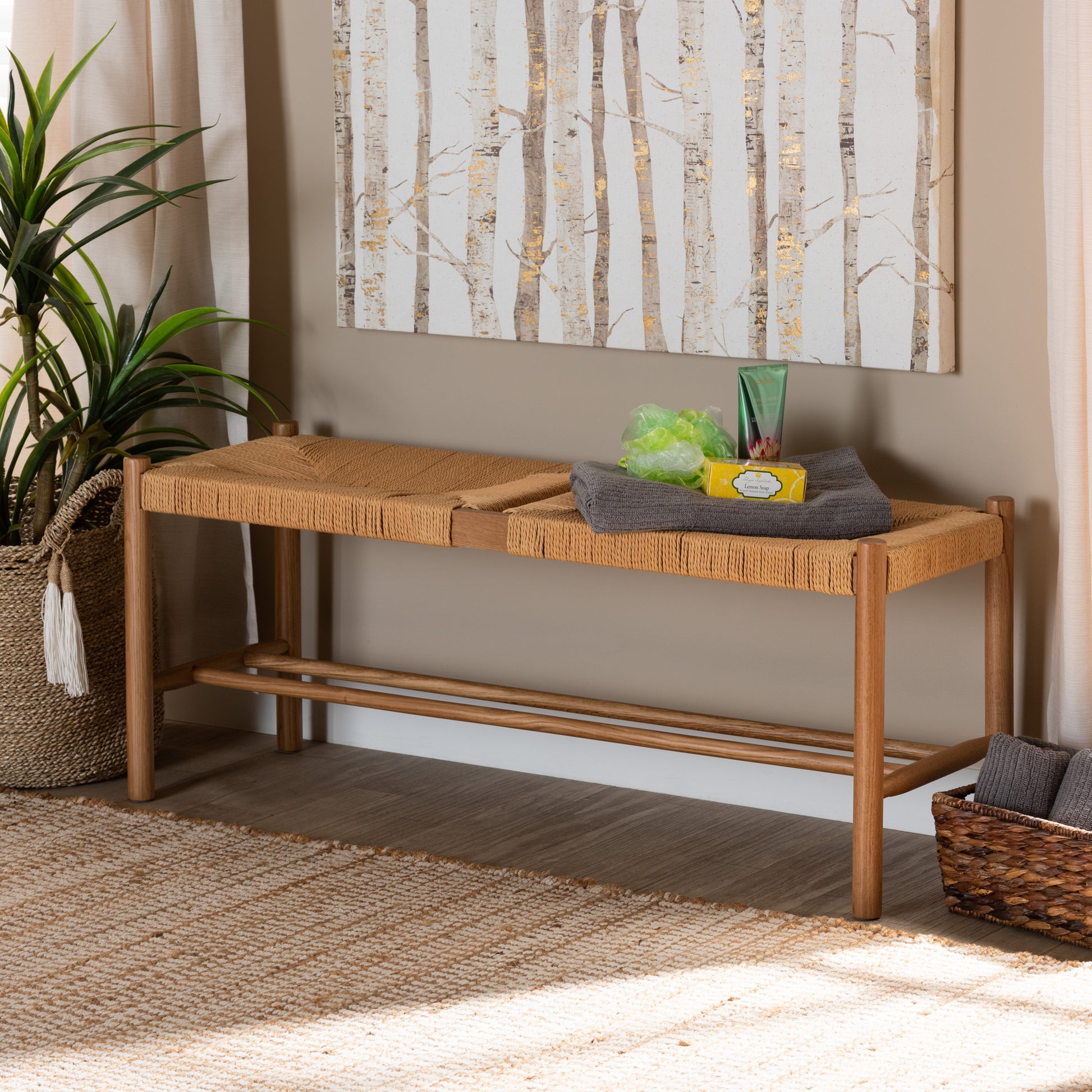 Baxton Studio Saura Mid-Century Modern Oak Brown Finished Wood and Hemp Dining Bench | Benches | Modishstore