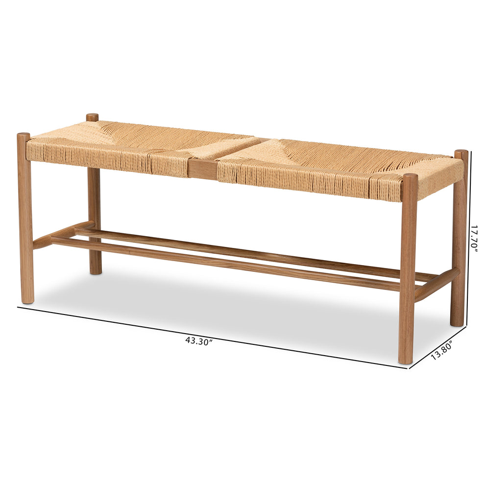 Baxton Studio Saura Mid-Century Modern Oak Brown Finished Wood and Hemp Dining Bench | Benches | Modishstore - 2