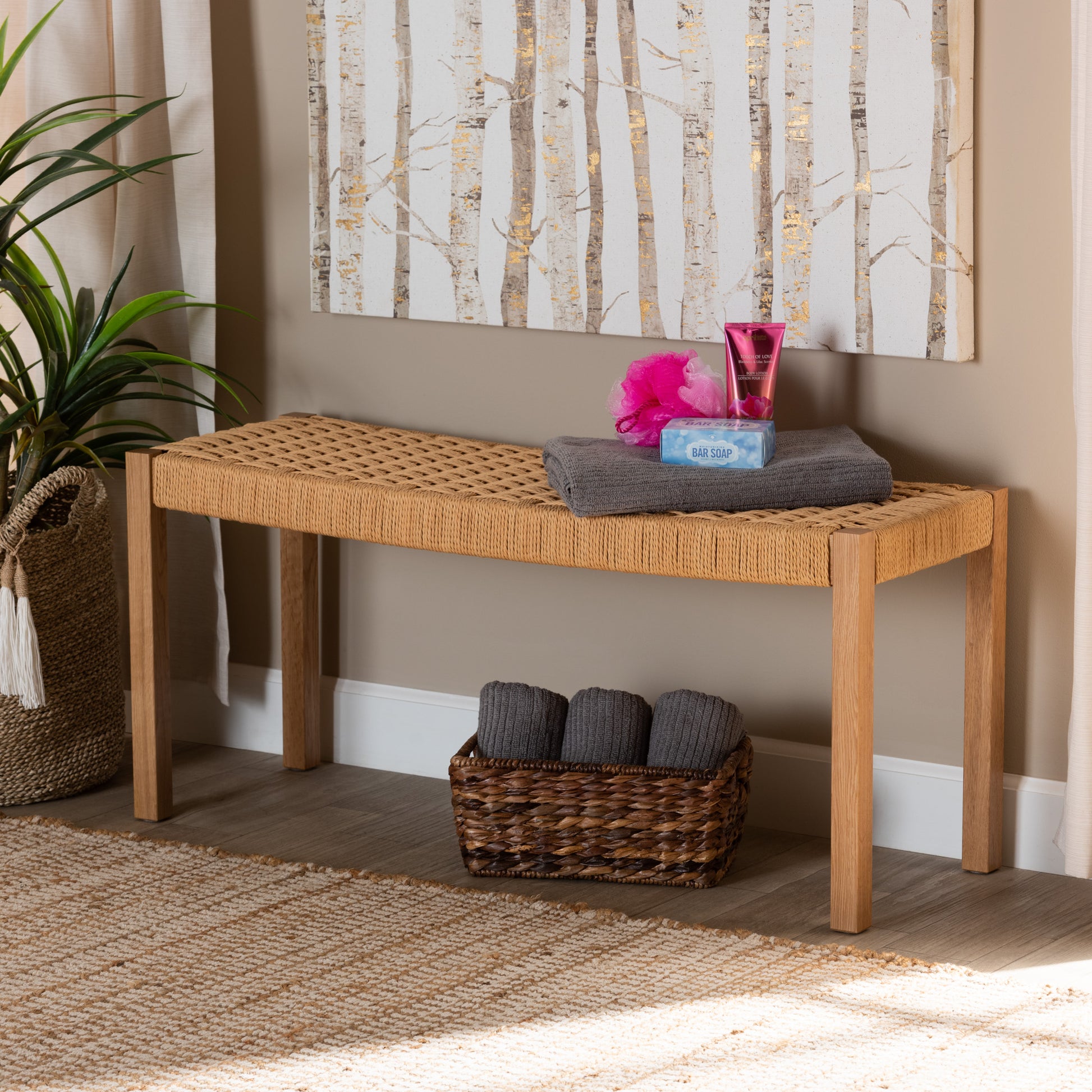 Baxton Studio Pacari Rustic Transitional Oak Brown Finished Wood and Hemp Accent Bench | Benches | Modishstore