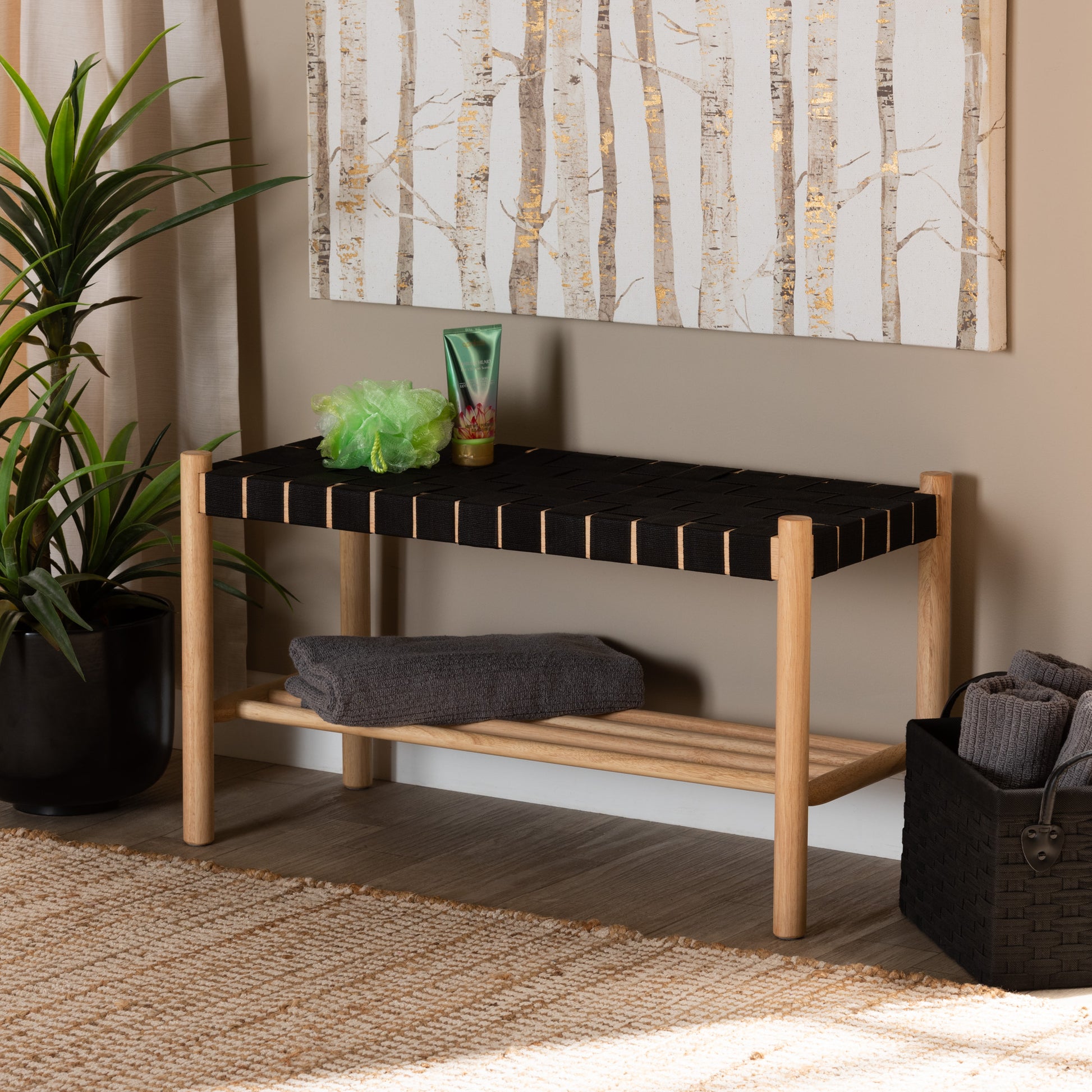 Baxton Studio Cadmus Rustic Mid-Century Modern Black and Oak Brown Finished Wood Bench | Benches | Modishstore