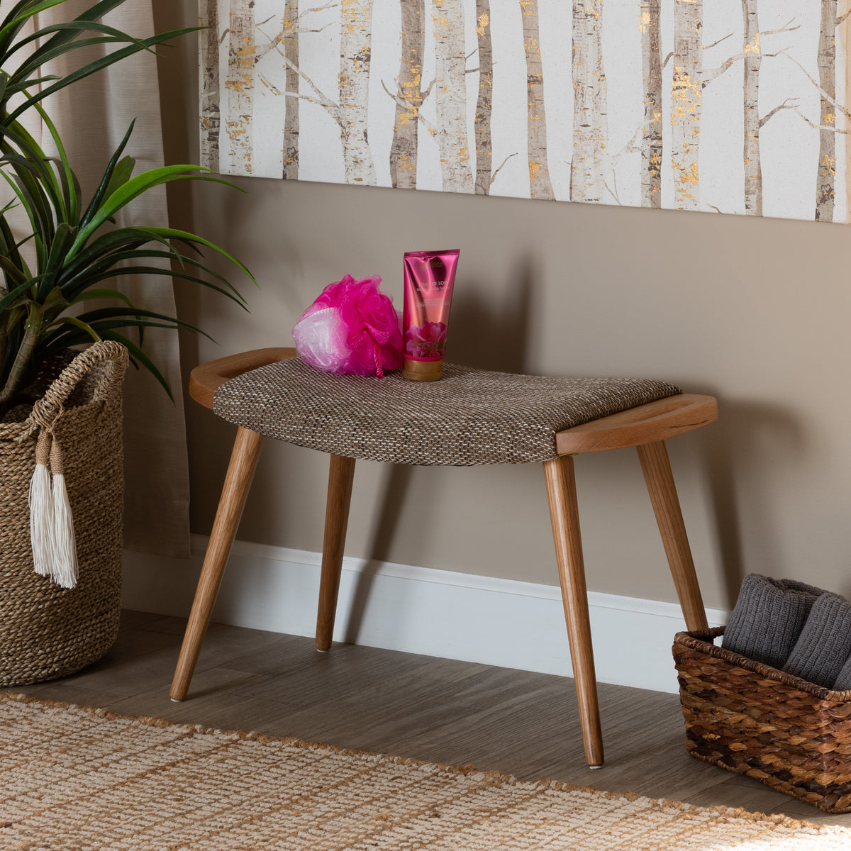 Baxton Studio Banner Mid-Century Modern Light Brown Fabric Upholstered and Oak Brown Finished Wood Accent Bench | Benches | Modishstore