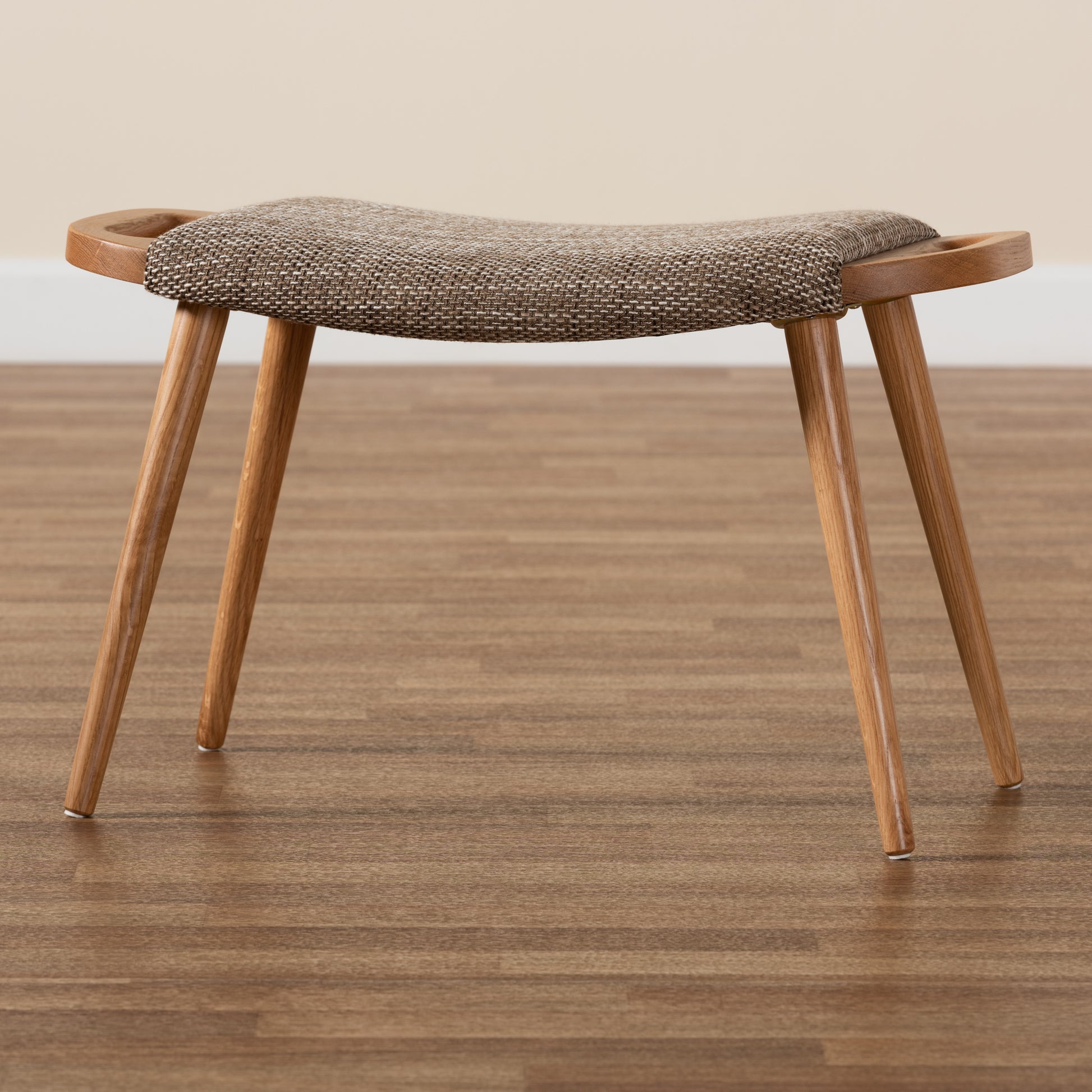 Baxton Studio Banner Mid-Century Modern Light Brown Fabric Upholstered and Oak Brown Finished Wood Accent Bench | Benches | Modishstore - 2