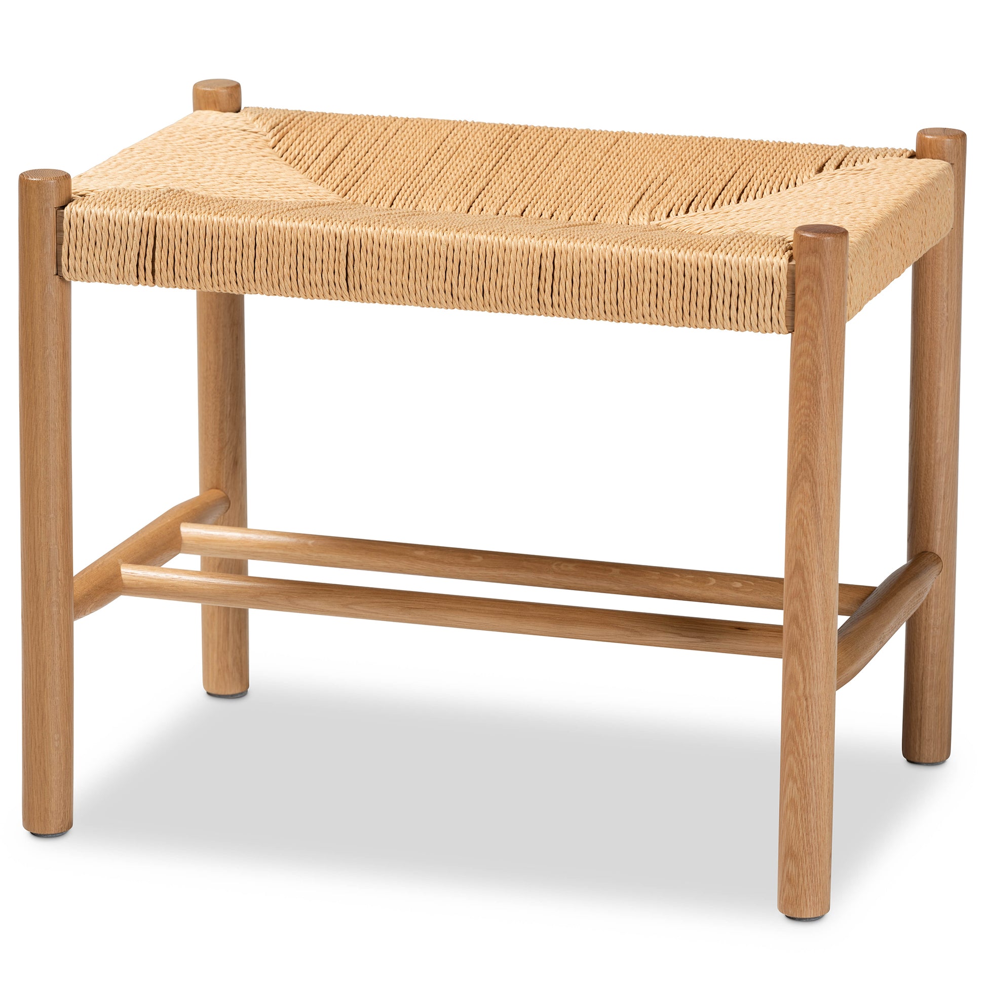 Baxton Studio Saura Mid-Century Modern Oak Brown Finished Wood and Hemp Accent Bench | Benches | Modishstore - 3