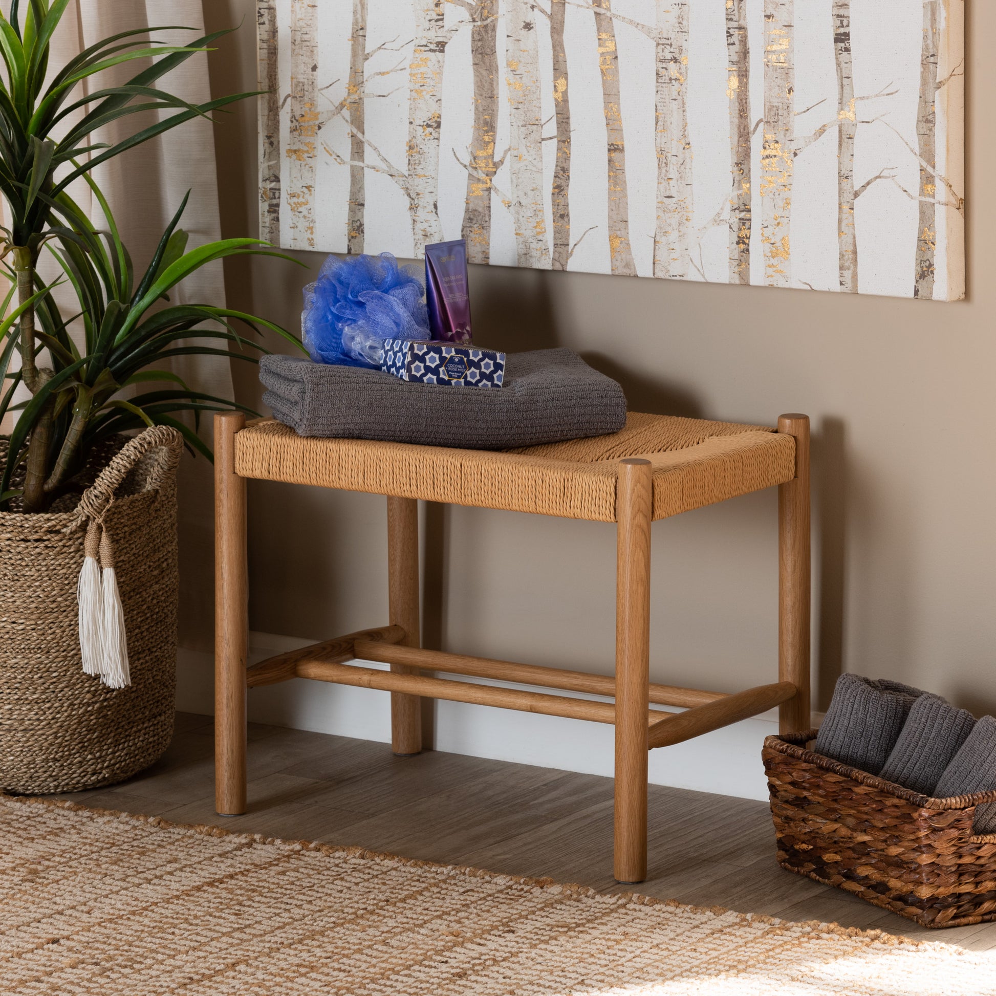 Baxton Studio Saura Mid-Century Modern Oak Brown Finished Wood and Hemp Accent Bench | Benches | Modishstore