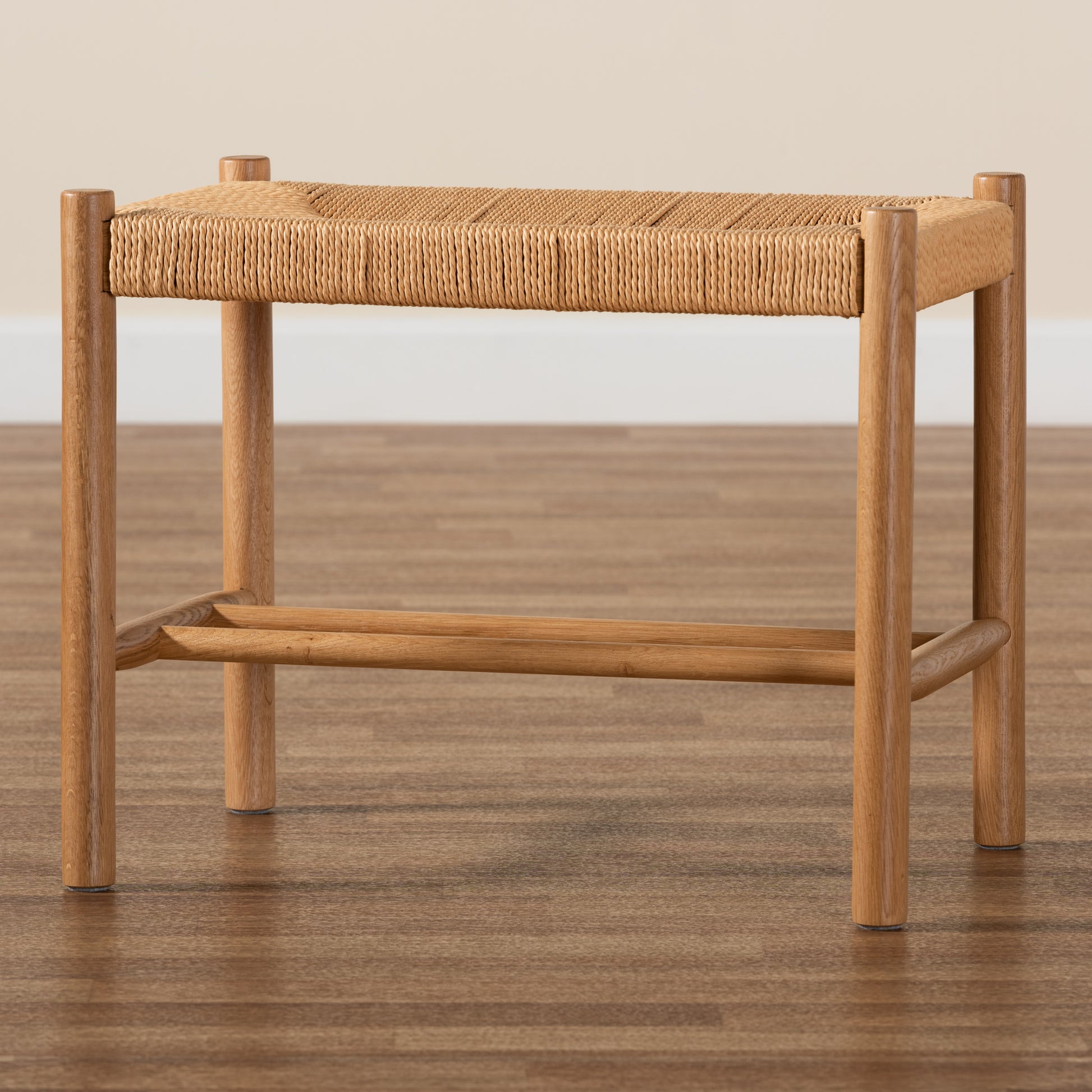 Baxton Studio Saura Mid-Century Modern Oak Brown Finished Wood and Hemp Accent Bench | Benches | Modishstore - 8