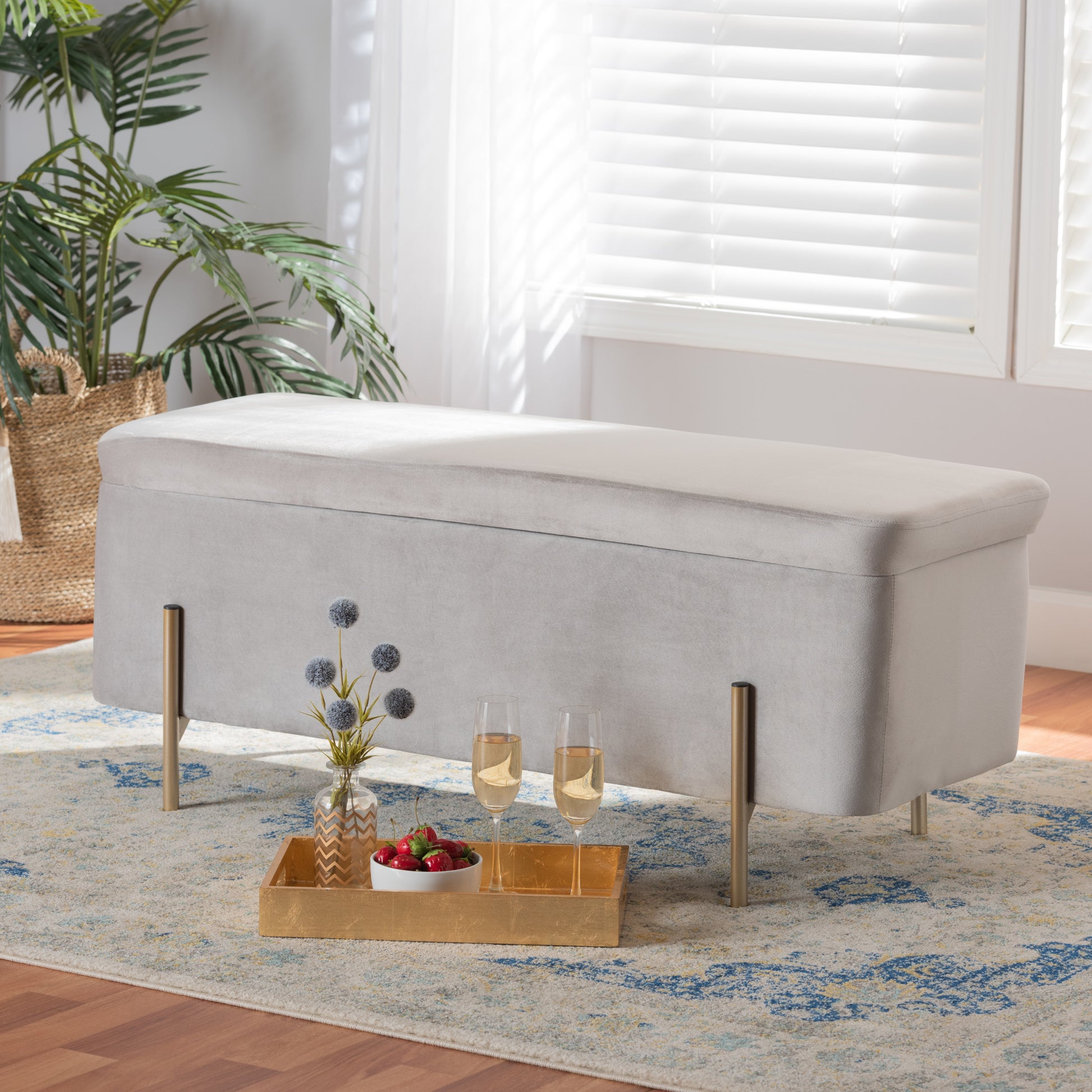 Baxton Studio Rockwell Contemporary Glam and Luxe Grey Velvet Fabric Upholstered and Gold Finished Metal Storage Bench | Benches | Modishstore