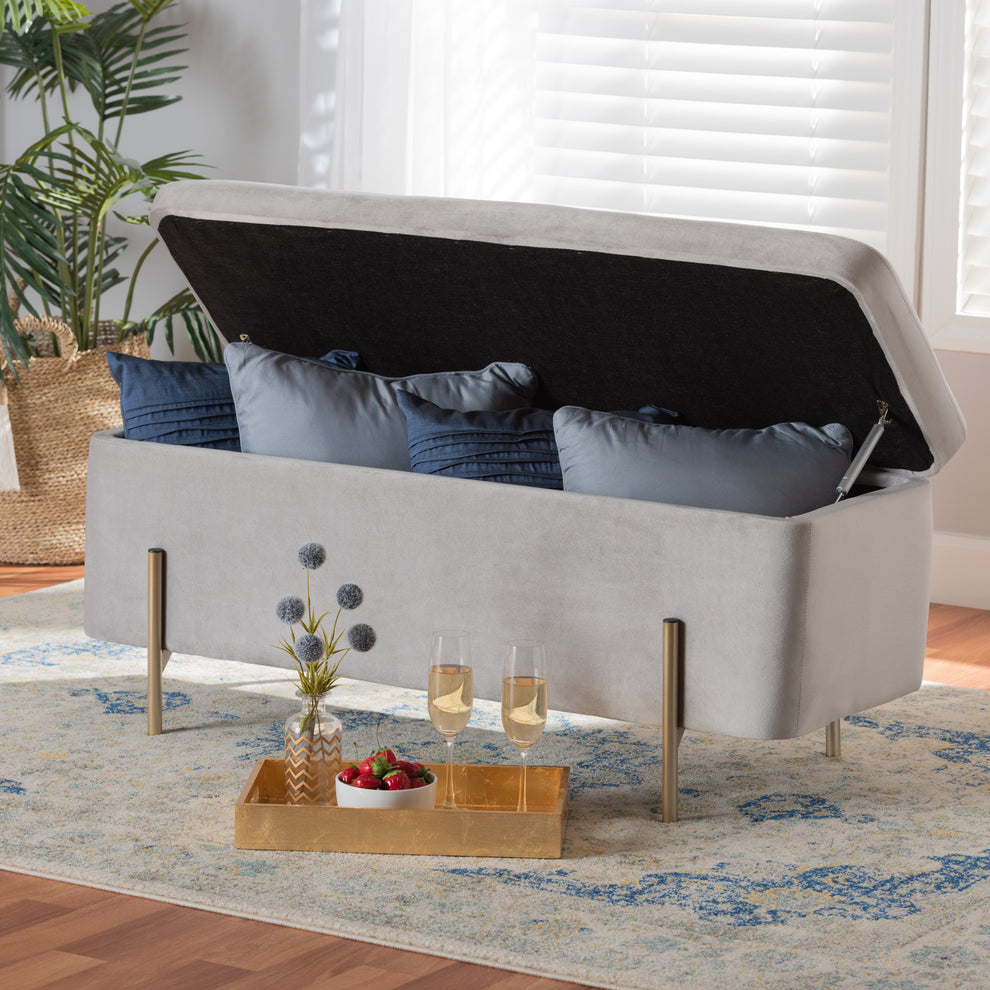 Baxton Studio Rockwell Contemporary Glam and Luxe Grey Velvet Fabric Upholstered and Gold Finished Metal Storage Bench | Benches | Modishstore - 9