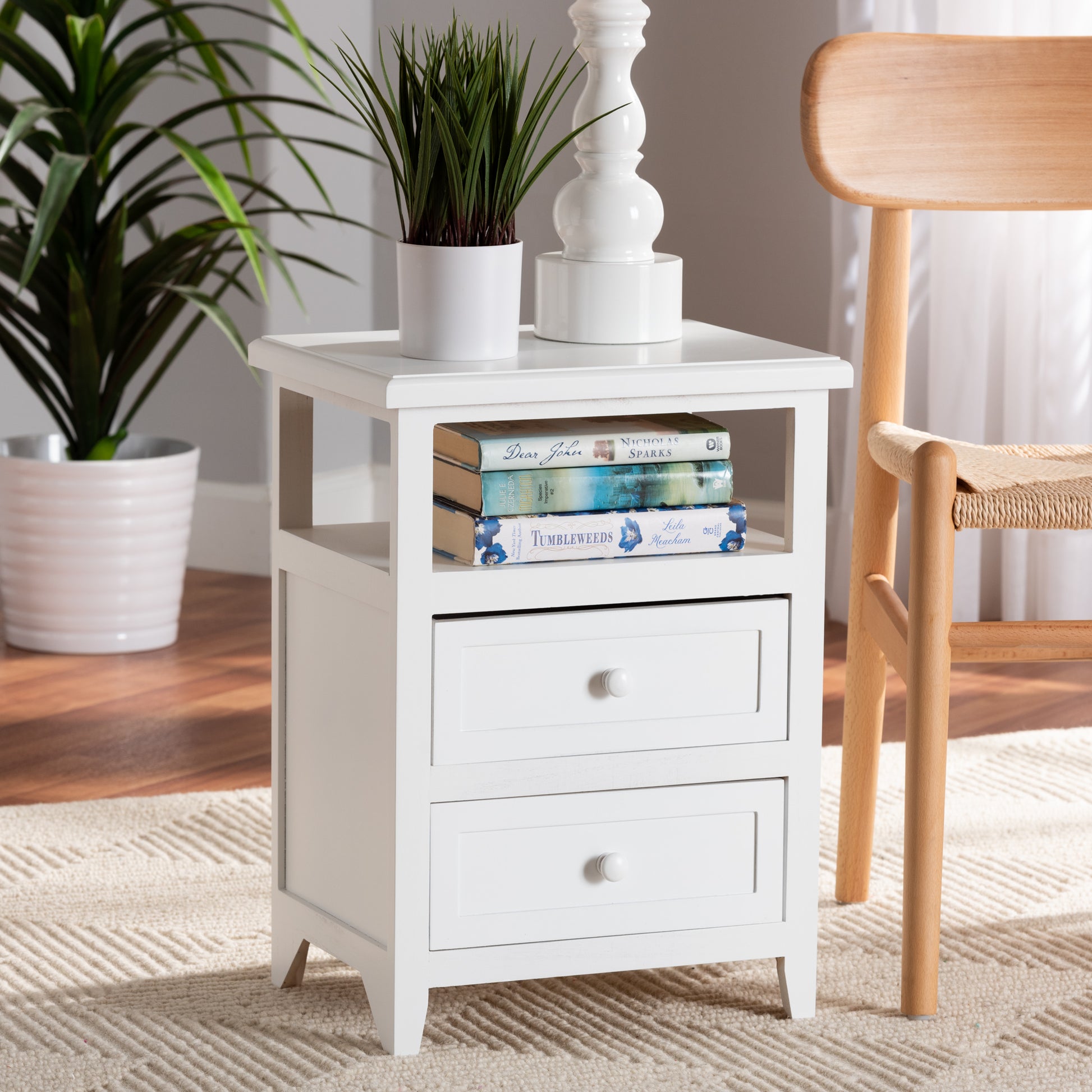 Baxton Studio Karsen Modern and Contemporary White Finished Wood 2-Drawer End Table | Cabinets | Modishstore