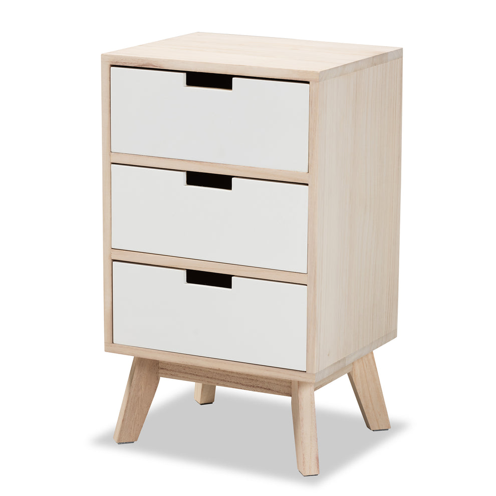 Baxton Studio Halian Mid-Century Modern Two-Tone White and Light Brown Finished Wood 3-Drawer End Table | Cabinets | Modishstore - 4