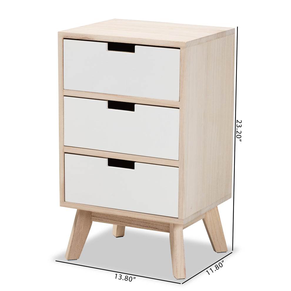 Baxton Studio Halian Mid-Century Modern Two-Tone White and Light Brown Finished Wood 3-Drawer End Table | Cabinets | Modishstore - 3