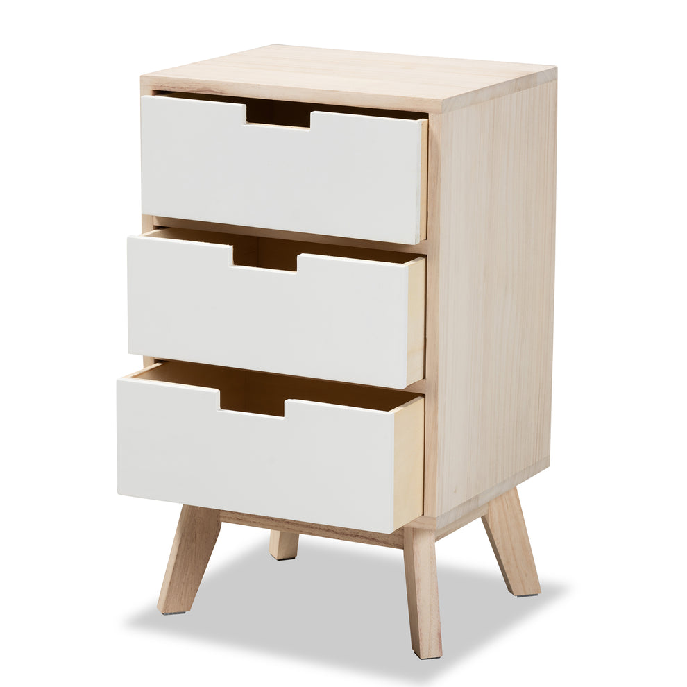 Baxton Studio Halian Mid-Century Modern Two-Tone White and Light Brown Finished Wood 3-Drawer End Table | Cabinets | Modishstore - 5