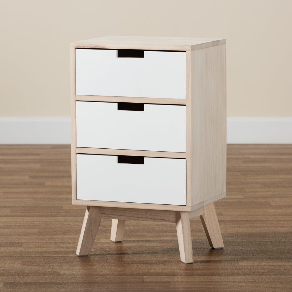 Baxton Studio Halian Mid-Century Modern Two-Tone White and Light Brown Finished Wood 3-Drawer End Table | Cabinets | Modishstore - 2