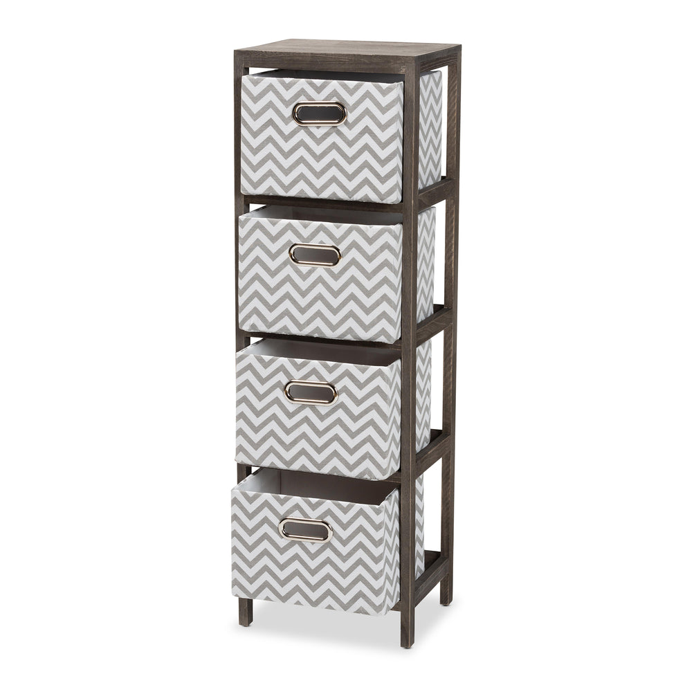 Baxton Studio Jorah Modern and Contemporary Grey and White Fabric Upholstered Greywashed Wood 4-Basket Tallboy Storage Unit | Cabinets | Modishstore - 3