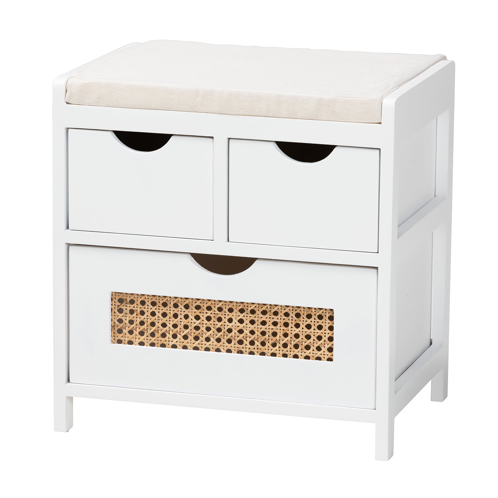 Baxton Studio Bastian Modern and Contemporary Light Beige Fabric and White Finished Wood 3-Drawer Storage Bench with Natural Rattan | Benches | Modishstore - 2