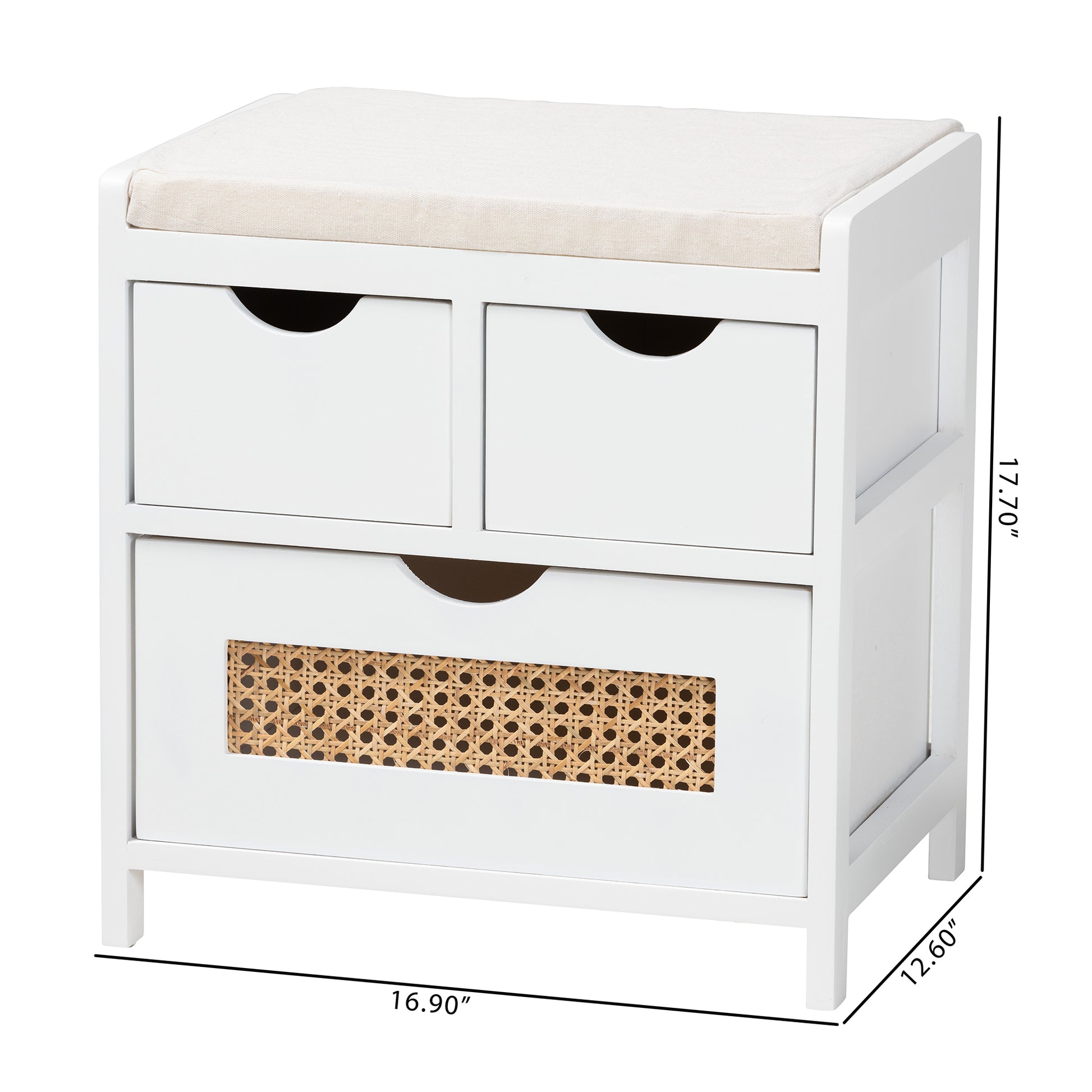 Baxton Studio Bastian Modern and Contemporary Light Beige Fabric and White Finished Wood 3-Drawer Storage Bench with Natural Rattan | Benches | Modishstore - 10