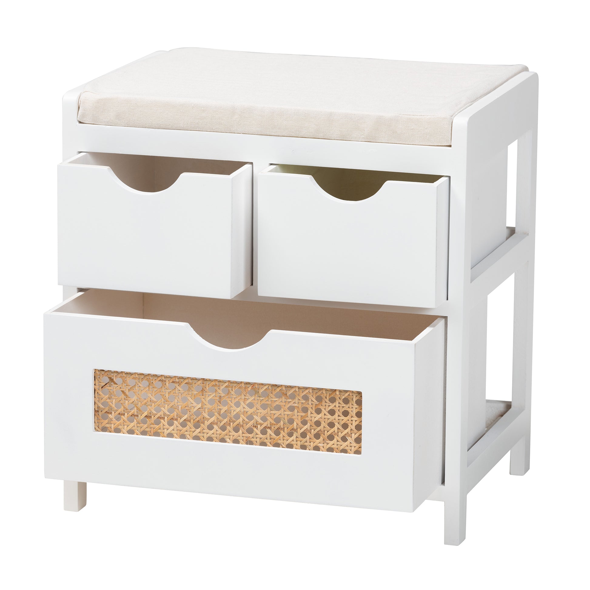 Baxton Studio Bastian Modern and Contemporary Light Beige Fabric and White Finished Wood 3-Drawer Storage Bench with Natural Rattan | Benches | Modishstore - 3