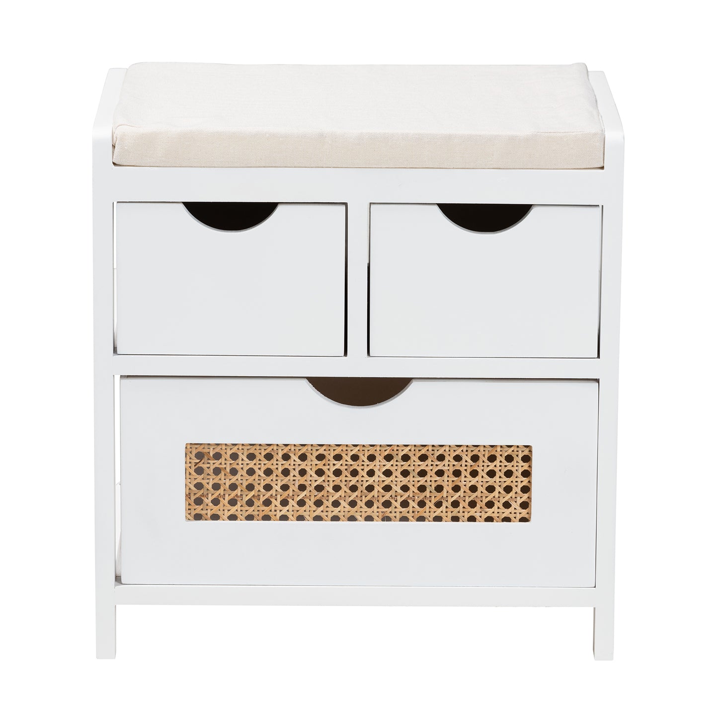 Baxton Studio Bastian Modern and Contemporary Light Beige Fabric and White Finished Wood 3-Drawer Storage Bench with Natural Rattan | Benches | Modishstore - 4