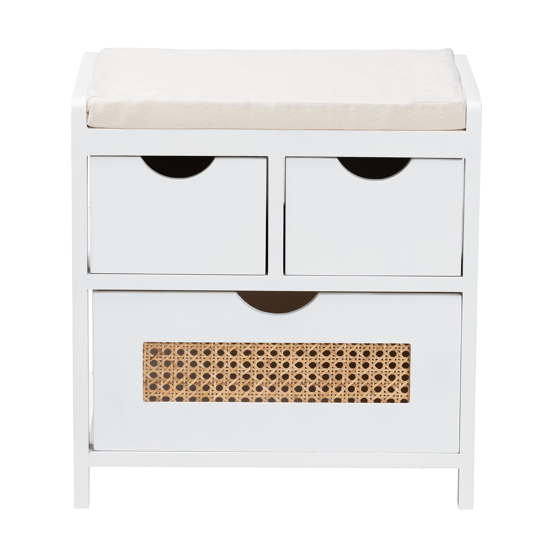 Baxton Studio Bastian Modern and Contemporary Light Beige Fabric and White Finished Wood 3-Drawer Storage Bench with Natural Rattan | Benches | Modishstore - 4