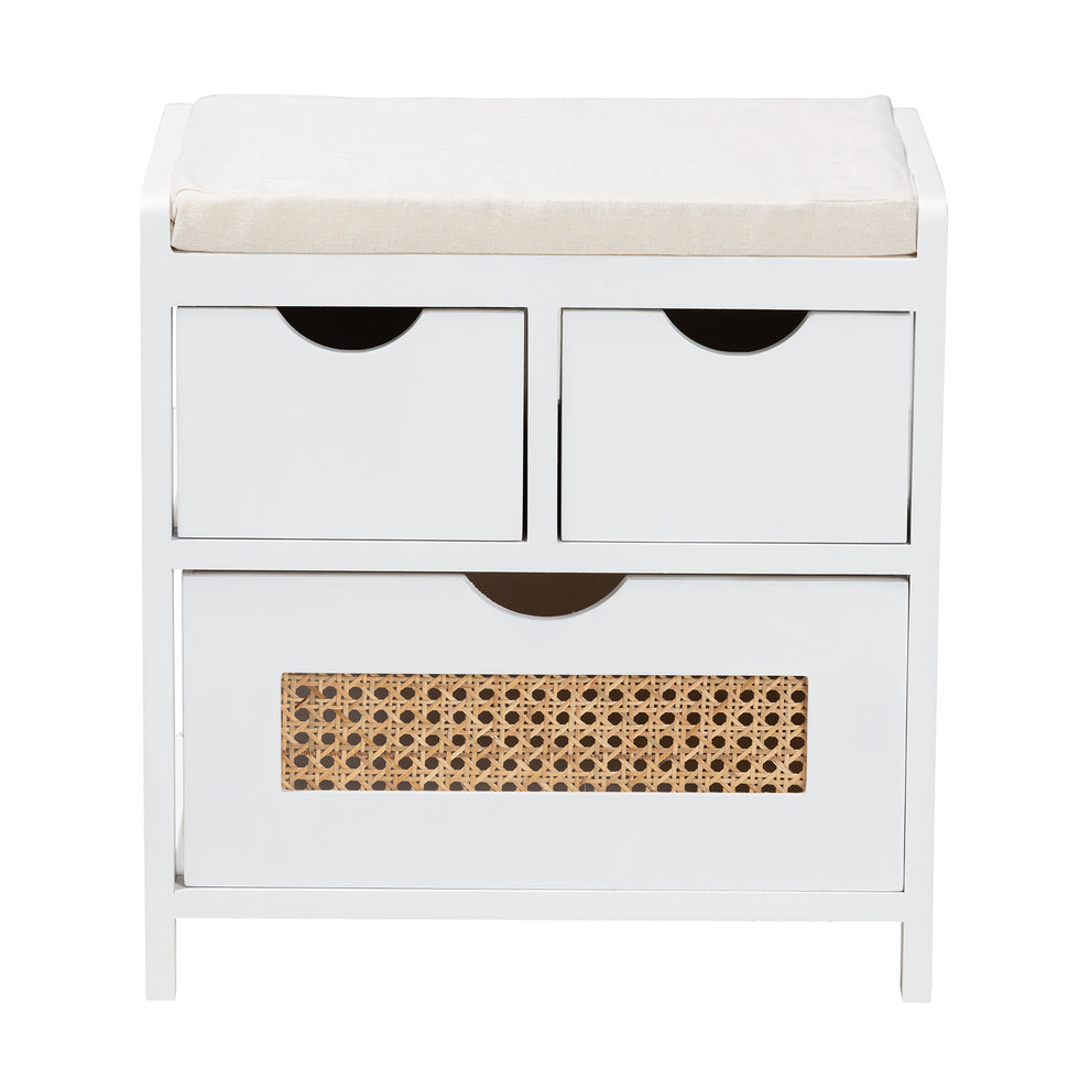 Baxton Studio Bastian Modern and Contemporary Light Beige Fabric and White Finished Wood 3-Drawer Storage Bench with Natural Rattan | Benches | Modishstore - 4