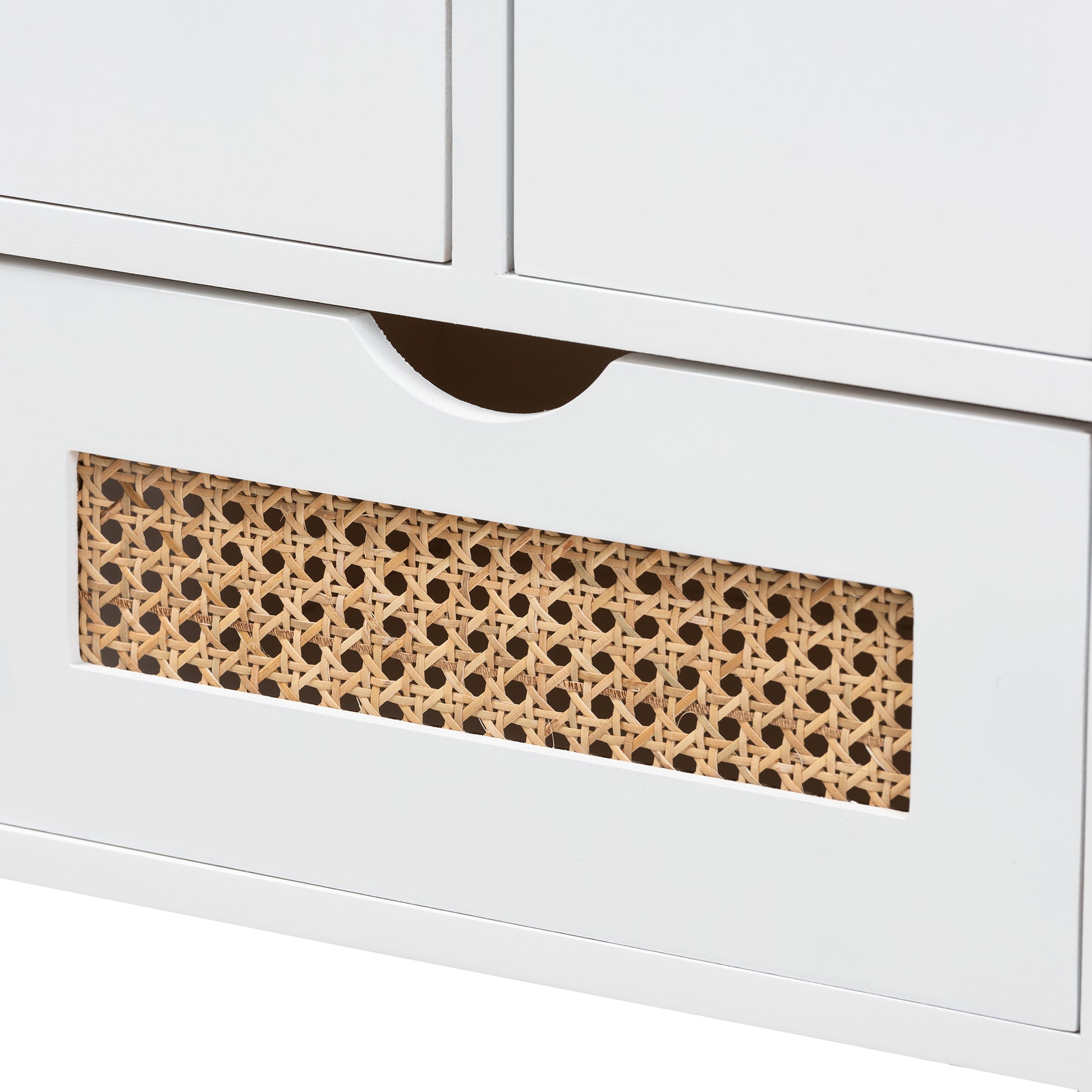 Baxton Studio Bastian Modern and Contemporary Light Beige Fabric and White Finished Wood 3-Drawer Storage Bench with Natural Rattan | Benches | Modishstore - 6