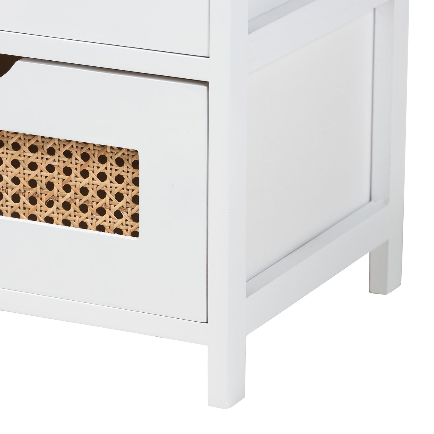 Baxton Studio Bastian Modern and Contemporary Light Beige Fabric and White Finished Wood 3-Drawer Storage Bench with Natural Rattan | Benches | Modishstore - 7