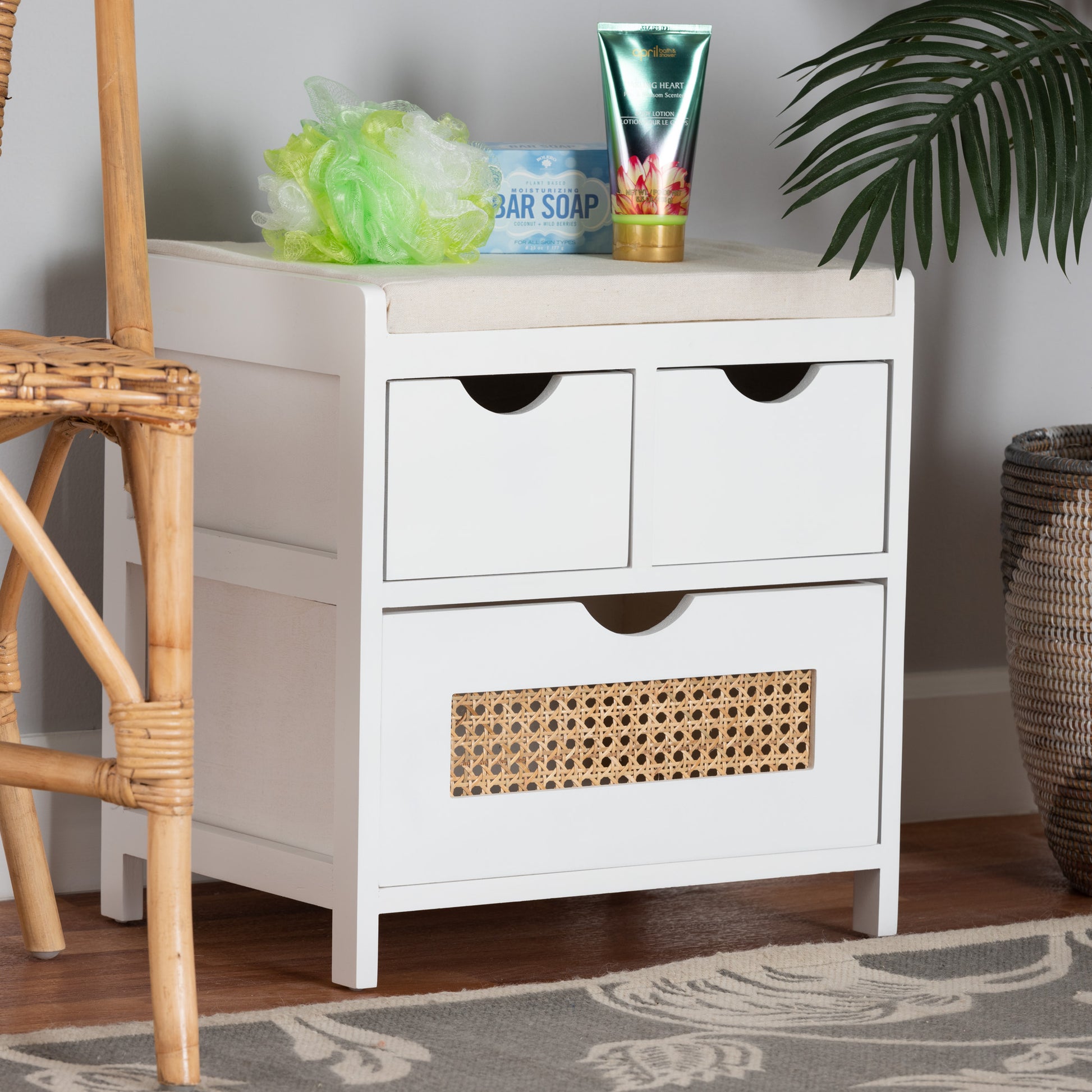 Baxton Studio Bastian Modern and Contemporary Light Beige Fabric and White Finished Wood 3-Drawer Storage Bench with Natural Rattan | Benches | Modishstore