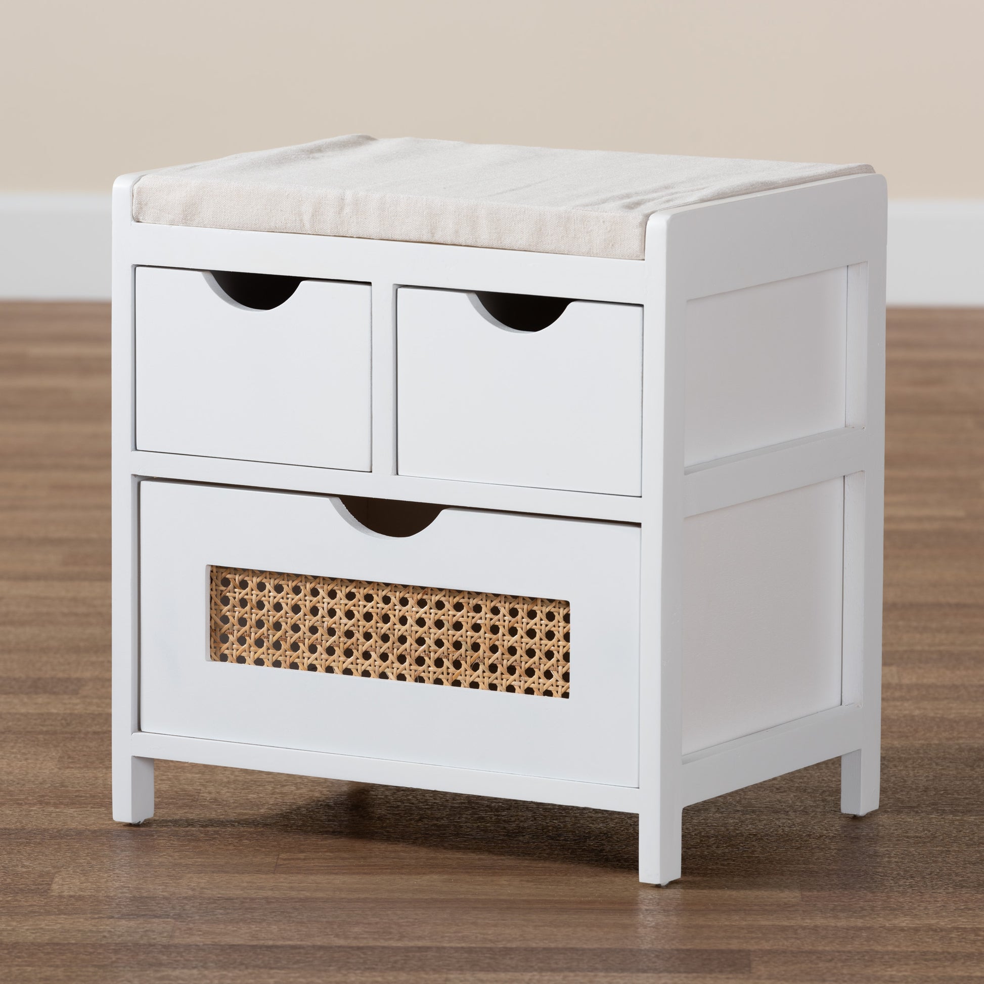 Baxton Studio Bastian Modern and Contemporary Light Beige Fabric and White Finished Wood 3-Drawer Storage Bench with Natural Rattan | Benches | Modishstore - 9