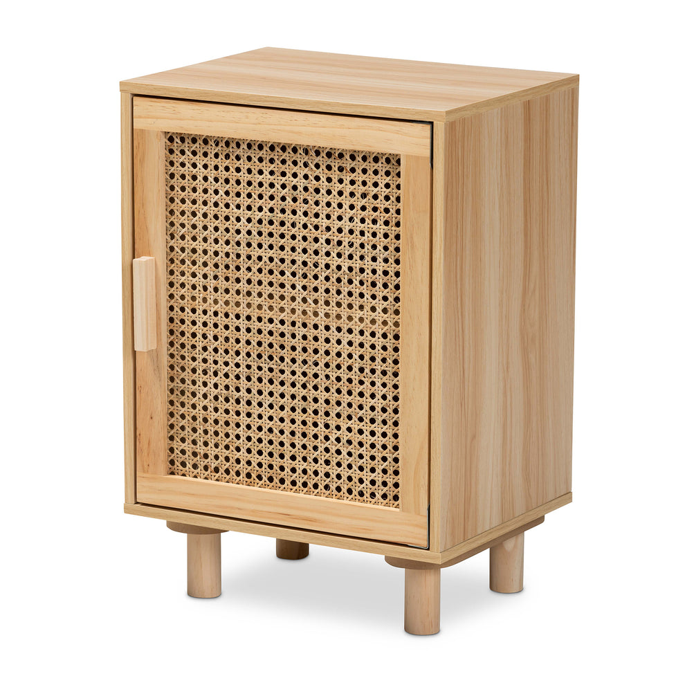 Baxton Studio Maclean Mid-Century Modern Rattan and Natural Brown Finished Wood 1-Door End Table | Cabinets | Modishstore - 5