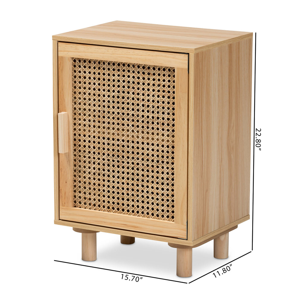 Baxton Studio Maclean Mid-Century Modern Rattan and Natural Brown Finished Wood 1-Door End Table | Cabinets | Modishstore - 3
