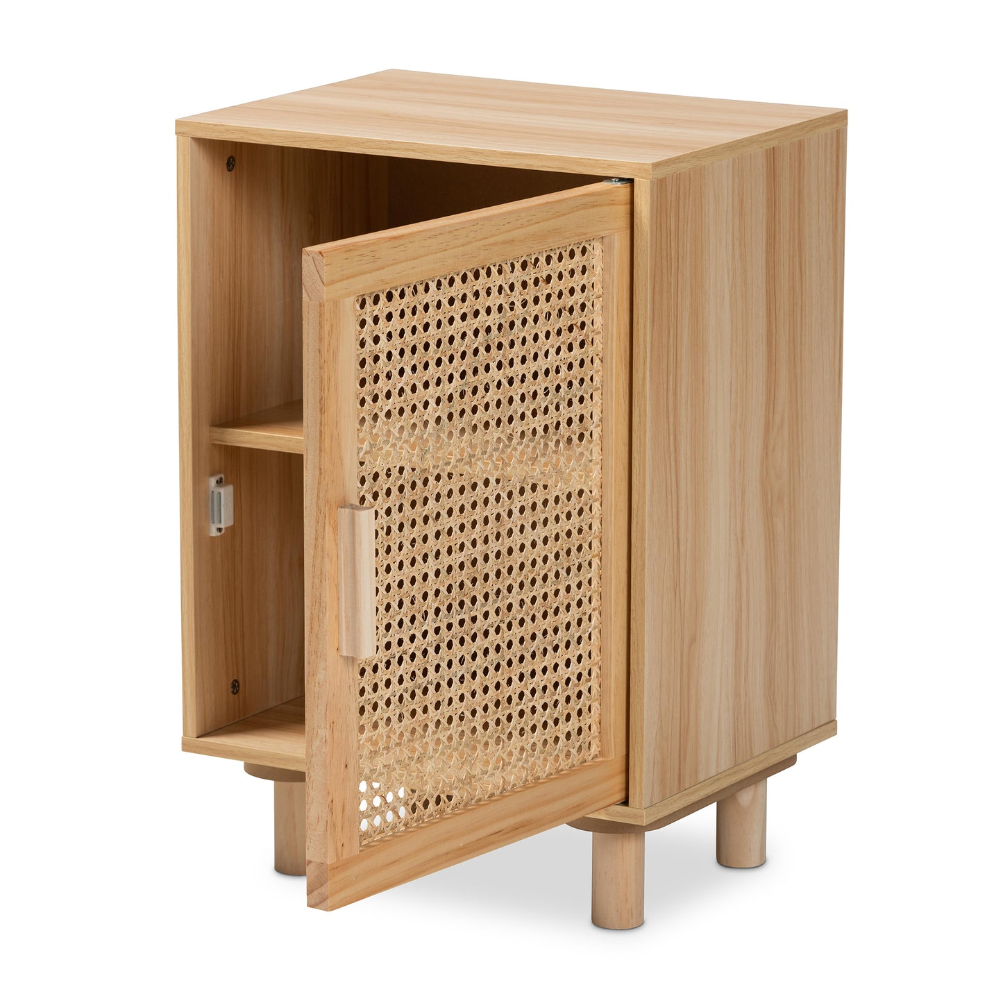Baxton Studio Maclean Mid-Century Modern Rattan and Natural Brown Finished Wood 1-Door End Table | Cabinets | Modishstore - 6
