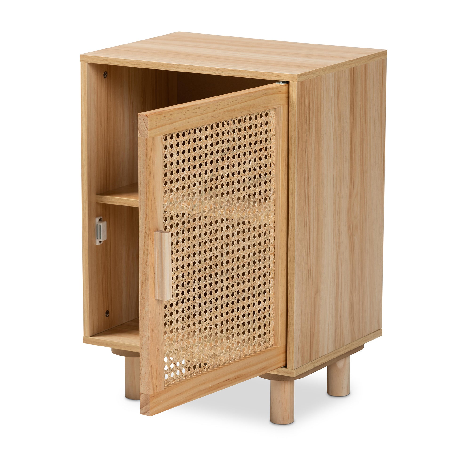 Baxton Studio Maclean Mid-Century Modern Rattan and Natural Brown Finished Wood 1-Door End Table | Cabinets | Modishstore - 6