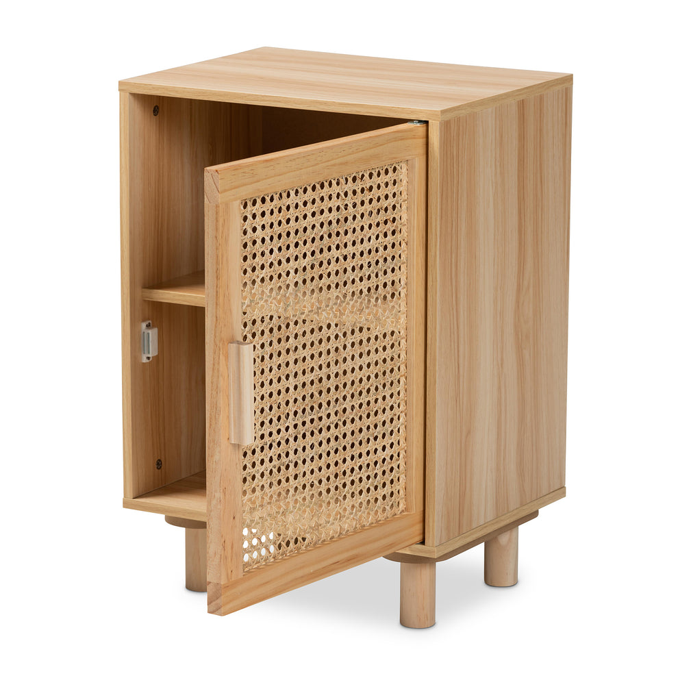 Baxton Studio Maclean Mid-Century Modern Rattan and Natural Brown Finished Wood 1-Door End Table | Cabinets | Modishstore - 6