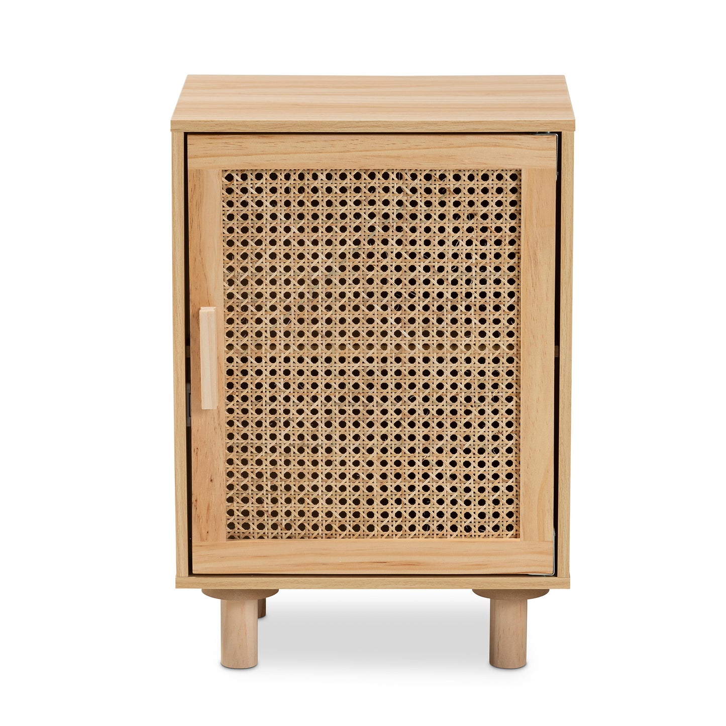 Baxton Studio Maclean Mid-Century Modern Rattan and Natural Brown Finished Wood 1-Door End Table | Cabinets | Modishstore - 7