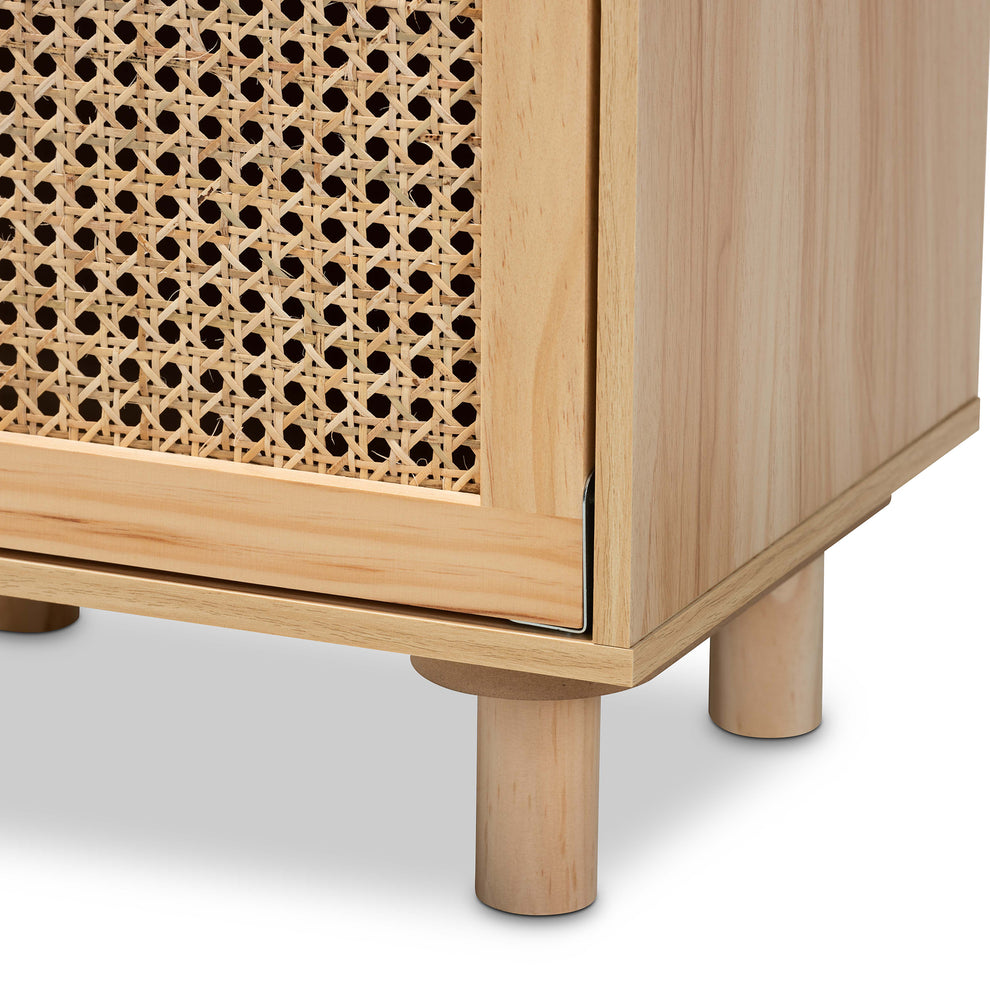 Baxton Studio Maclean Mid-Century Modern Rattan and Natural Brown Finished Wood 1-Door End Table | Cabinets | Modishstore - 10