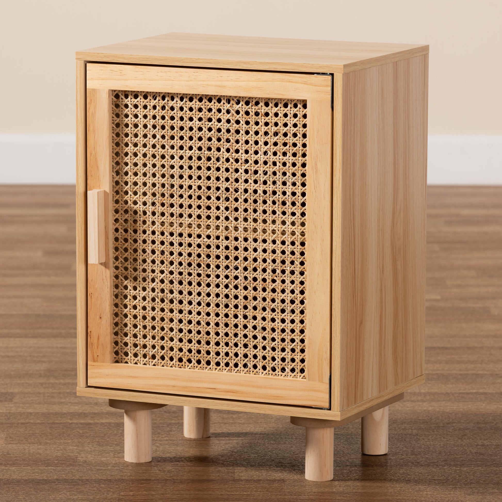 Baxton Studio Maclean Mid-Century Modern Rattan and Natural Brown Finished Wood 1-Door End Table | Cabinets | Modishstore - 2