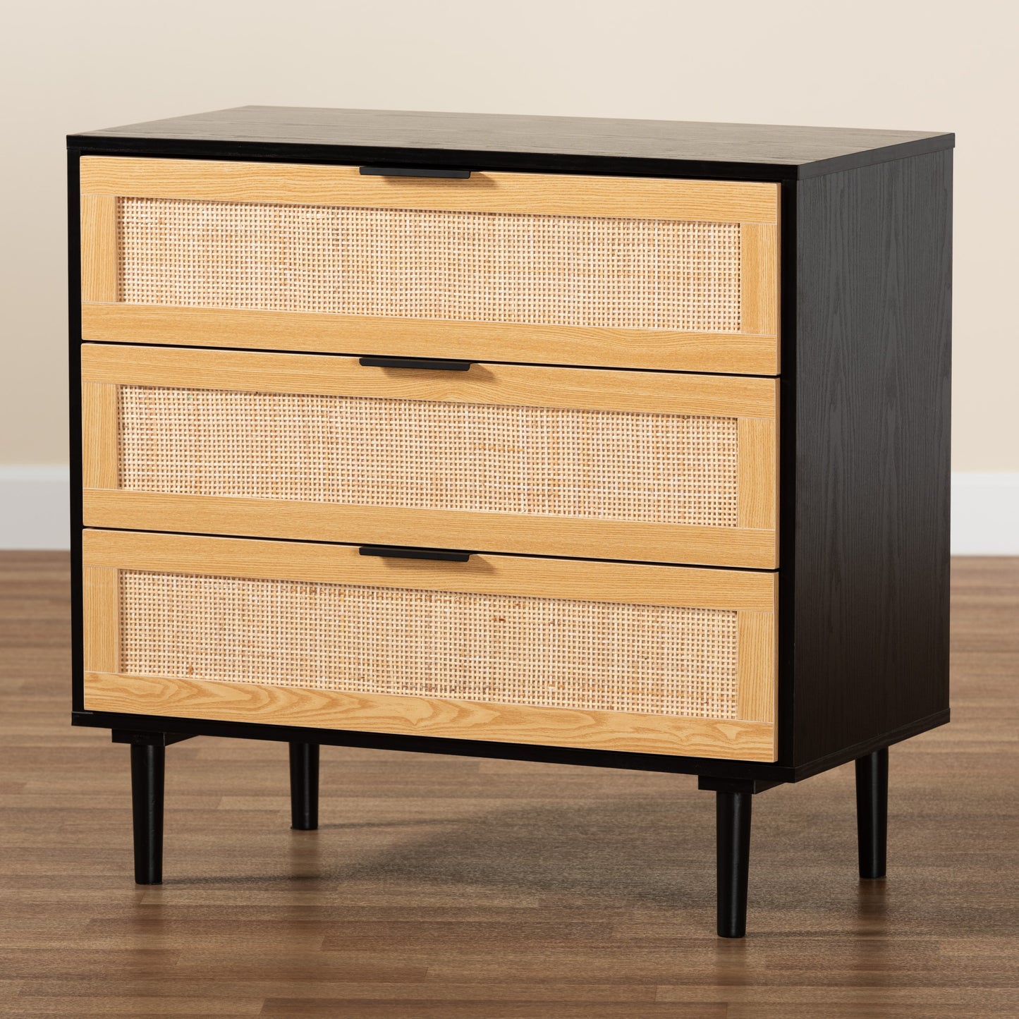 Baxton Studio Maureen Mid-Century Modern Espresso Brown Wood and Rattan 3-Drawer Cabinet | Cabinets | Modishstore - 2