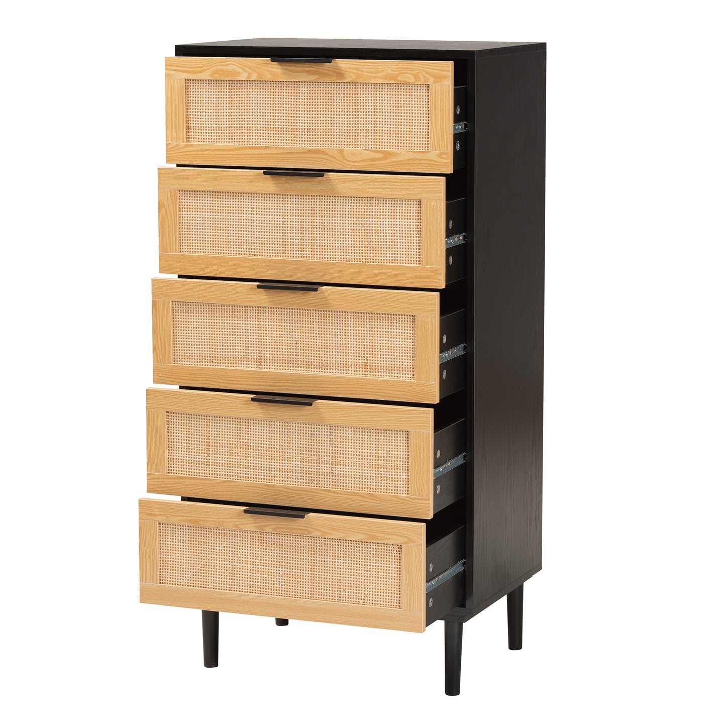 Baxton Studio Maureen Mid-Century Modern Espresso Brown Wood and Rattan 5-Drawer Storage Cabinet | Cabinets | Modishstore - 5