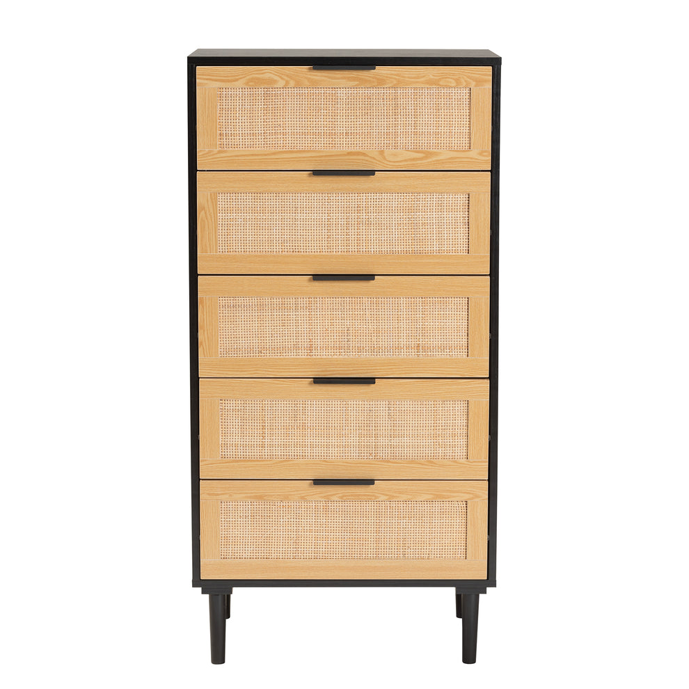 Baxton Studio Maureen Mid-Century Modern Espresso Brown Wood and Rattan 5-Drawer Storage Cabinet | Cabinets | Modishstore - 6