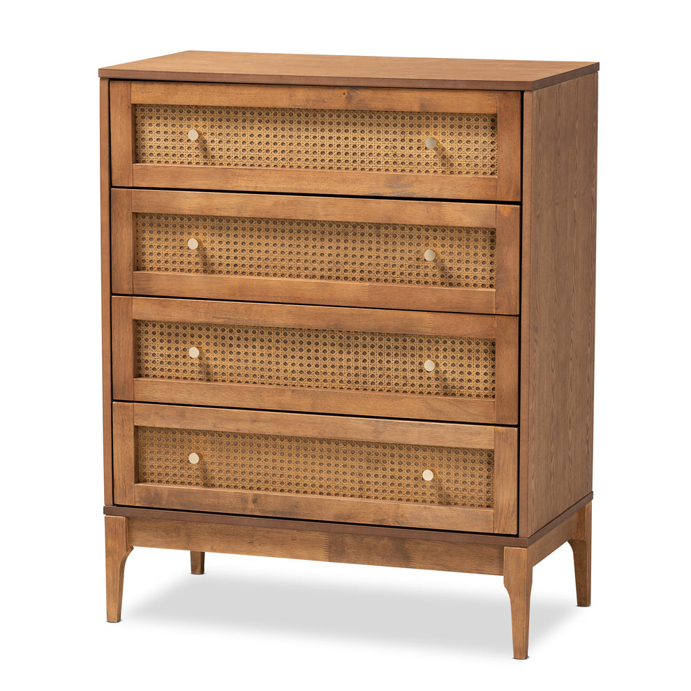 Baxton Studio Ramiel Mid-Century Modern Ash Walnut Finished Wood and Rattan 4-Drawer Chest | Drawers | Modishstore - 4