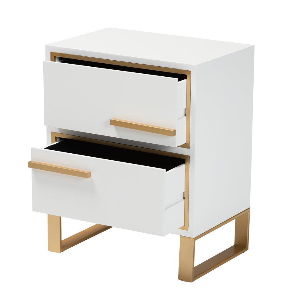 Baxton Studio Giolla Contemporary Glam and Luxe White Finished Wood and Gold Metal 2-Drawer End Table | Cabinets | Modishstore - 5