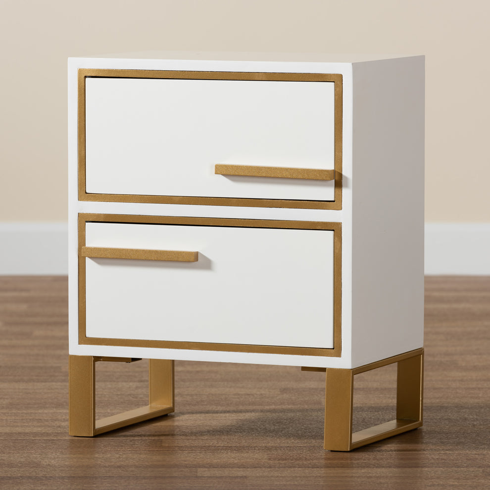 Baxton Studio Giolla Contemporary Glam and Luxe White Finished Wood and Gold Metal 2-Drawer End Table | Cabinets | Modishstore - 2