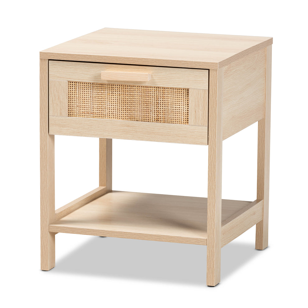 Baxton Studio Sebille Mid-Century Modern Light Brown Finished Wood 1-Drawer End Table with Natural Rattan | Cabinets | Modishstore - 4