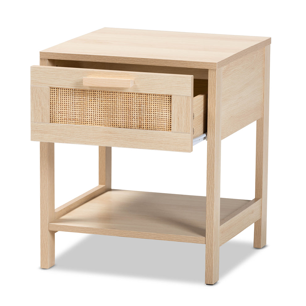Baxton Studio Sebille Mid-Century Modern Light Brown Finished Wood 1-Drawer End Table with Natural Rattan | Cabinets | Modishstore - 5