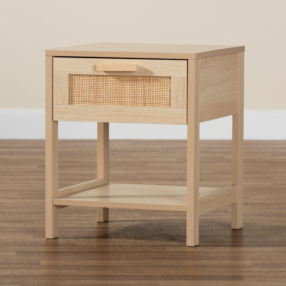 Baxton Studio Sebille Mid-Century Modern Light Brown Finished Wood 1-Drawer End Table with Natural Rattan | Cabinets | Modishstore - 2
