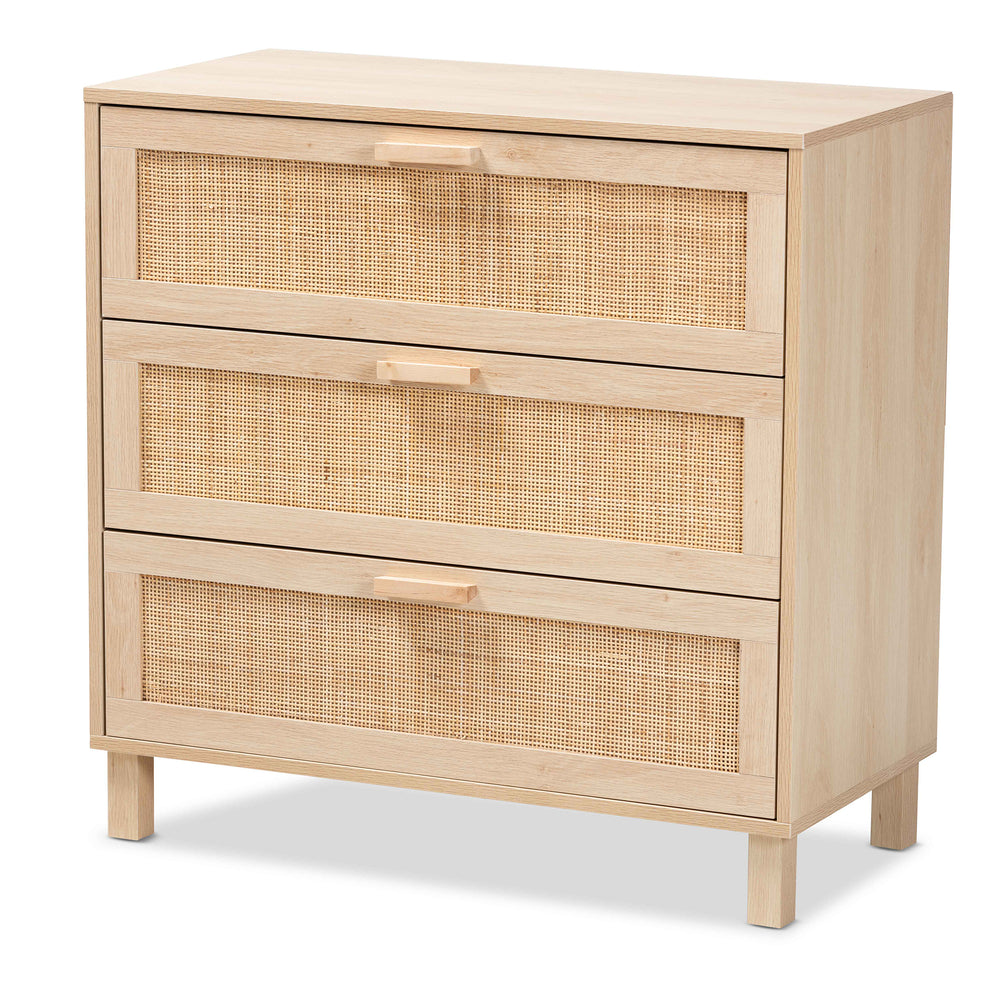 Baxton Studio Sebille Mid-Century Modern Light Brown Finished Wood 3-Drawer Storage Cabinet with Natural Rattan | Cabinets | Modishstore - 4