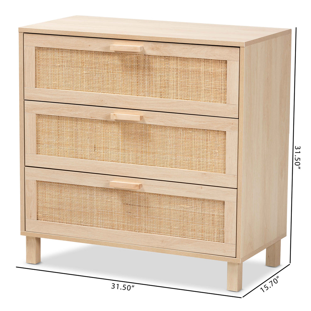 Baxton Studio Sebille Mid-Century Modern Light Brown Finished Wood 3-Drawer Storage Cabinet with Natural Rattan | Cabinets | Modishstore - 3